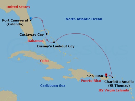 5-Night Very Merrytime Eastern Caribbean Cruise From Port Canaveral Ending San Juan Route Map