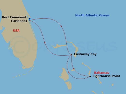 5-Night Bahamian Cruise From Port Canaveral With 2 Stops At Castaway Cay Route Map