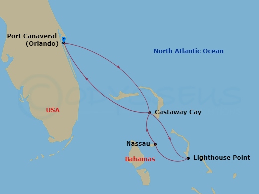 6-Night Bahamian Cruise From Port Canaveral With 2 Stops At Castaway Cay Route Map