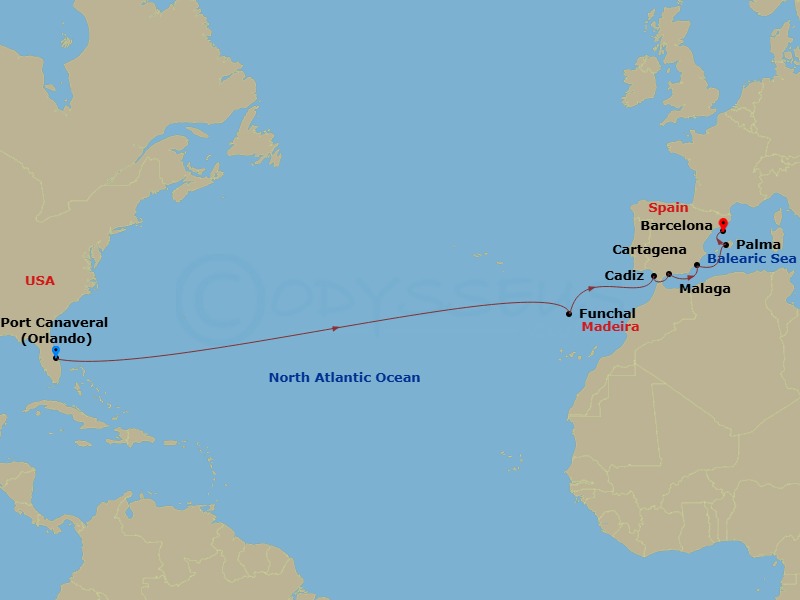 14 Night Spain & Portugal Transatlantic Route Map