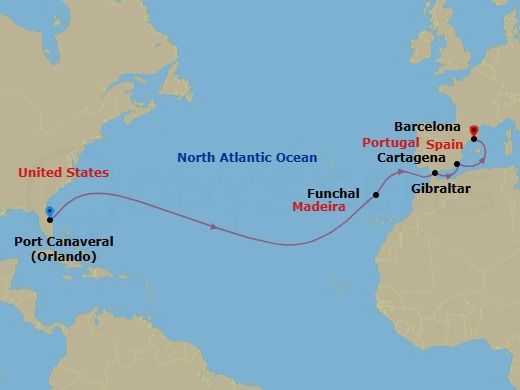 13-Night Eastbound Transatlantic Cruise From Port Canaveral Ending In Barcelona Route Map