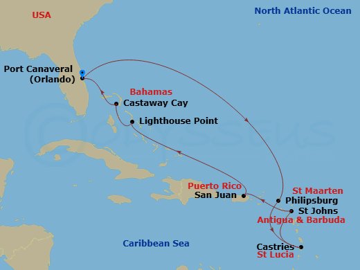 10-Night Southern Caribbean Cruise From Port Canaveral Route Map