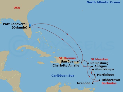 Journeys - 14-Day Southern Caribbean Route Map