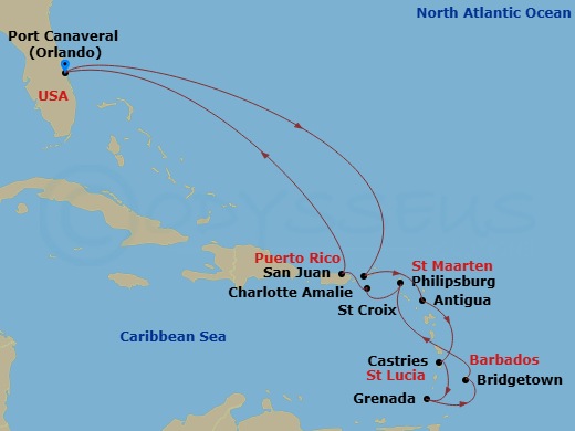 Journeys - 14-Day Southern Caribbean Route Map