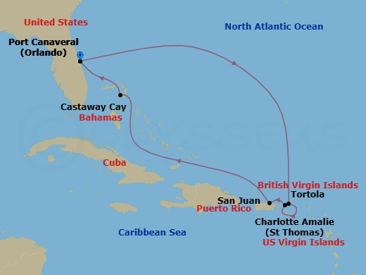 8-Night Very Merrytime Eastern Caribbean Cruise From Port Canaveral Route Map