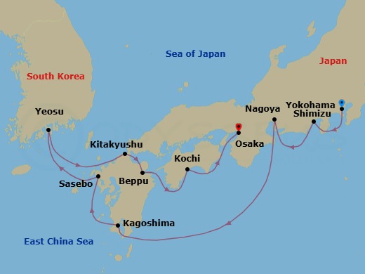 Japan Intensive Cruise: Tokyo, Kagoshima & Osaka Route Map