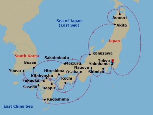 Japan Intensive Combination Cruise: Tokyo, Kagoshima & Osaka Route Map