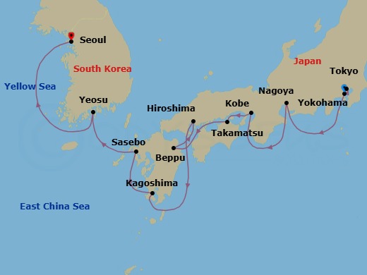 Japan Intensive Cruise: Tokyo, Kobe & Sasebo Route Map