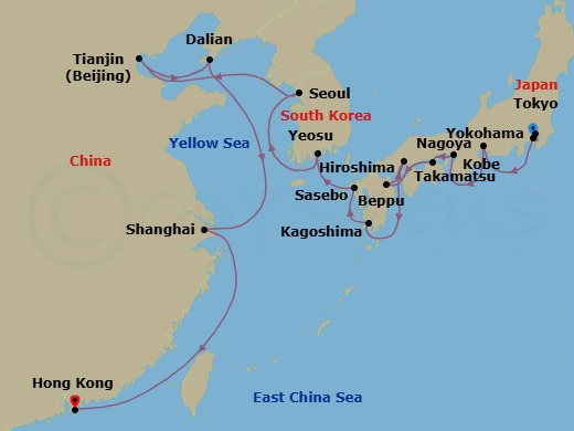 Japan, Korea & China Combination Cruise: Kobe, Seoul & Beijing Route Map