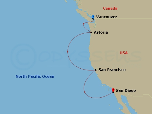 7 Night Pacific Coastal Cruise Route Map