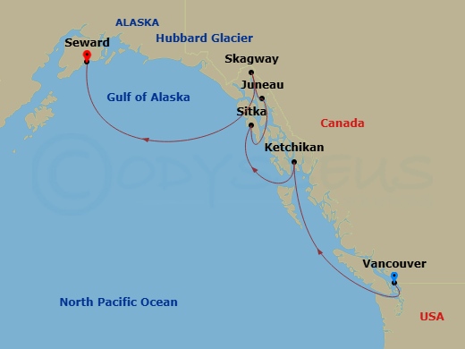 7N Northbound Alaska & Hubbard Glacier Route Map