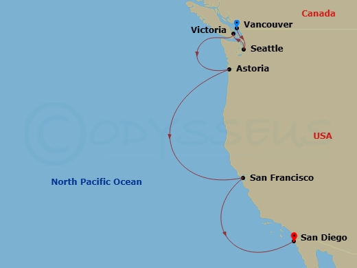 Pacific Coast Cruise: Vancouver, Seattle & San Francisco Route Map
