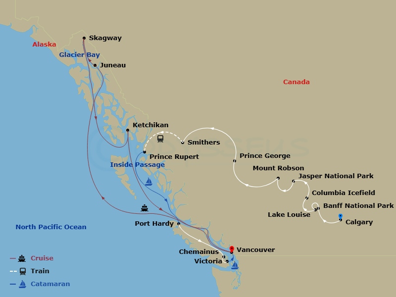 Western Canada With Inside Passage & Alaska Cruise Route Map