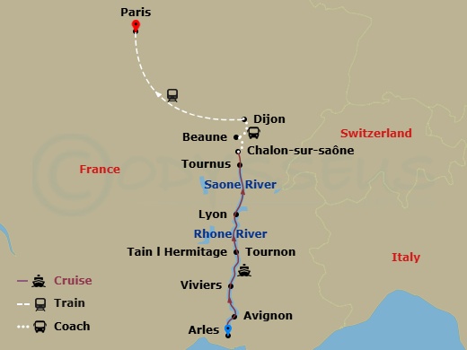 Burgundy & Provence With 2 Nights In Paris (Northbound) Route Map