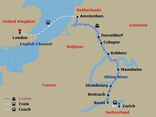 Rhine Highlights With London Route Map