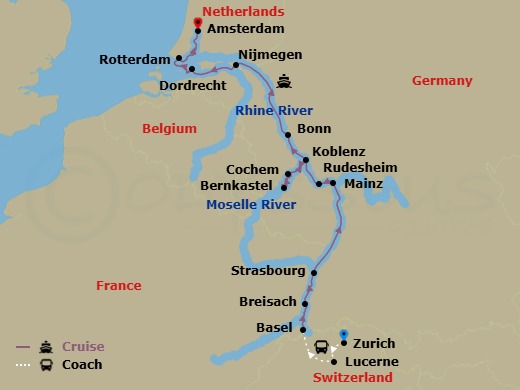 Switzerland & Rhine Castles & Moselle Vinyards With Amsterdam Route Map